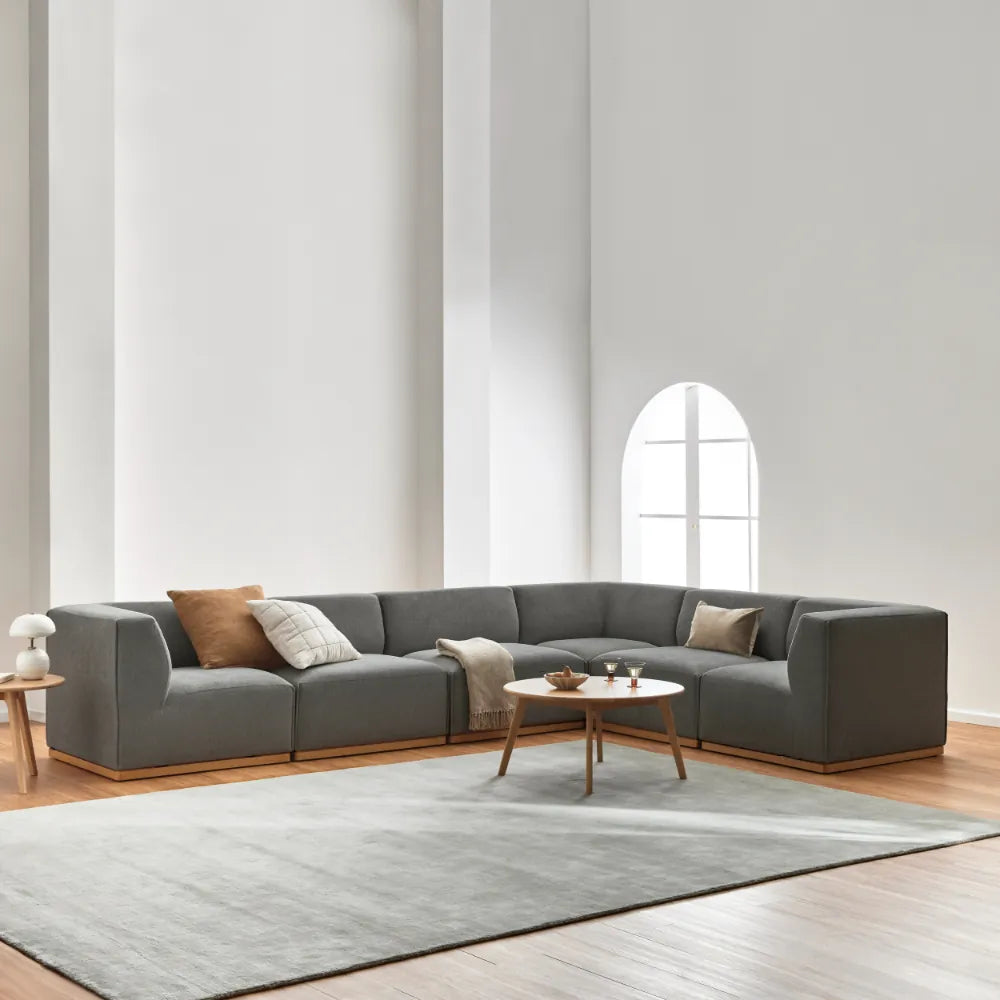 Walter Modular Sofa 6-Seater Corner with Arms Quarry Grey Fabric Solid American Oak