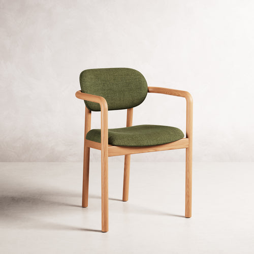Lando Dining Chair - Solid American Oak with Aloe Green Fabric | 360 View - Frame 1