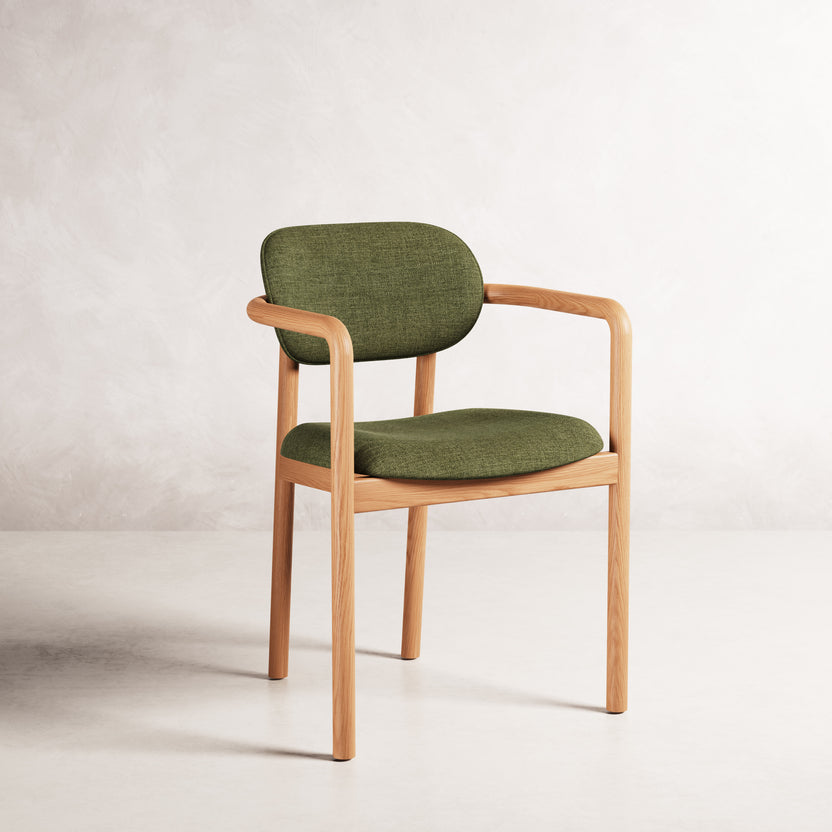 Lando Dining Chair - Solid American Oak with Aloe Green Fabric | 360 View - Frame 1