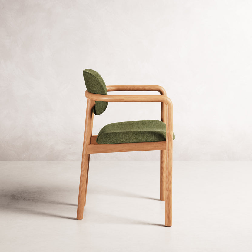 Lando Dining Chair - Solid American Oak with Aloe Green Fabric | 360 View - Frame 7