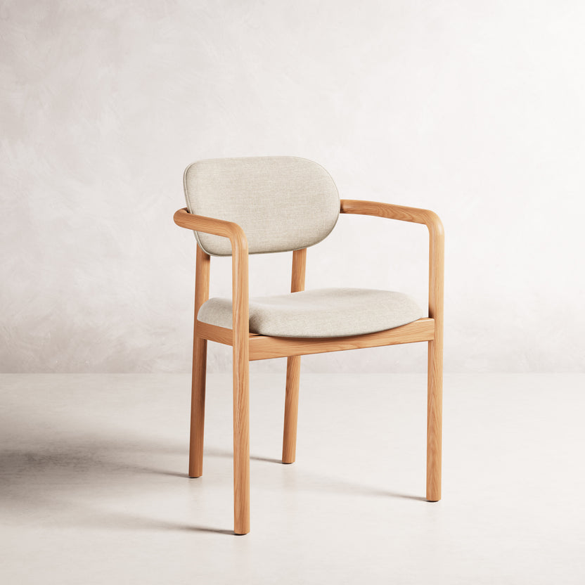 Lando Dining Chair - Solid American Oak with Oatmeal Beige Fabric | 360 View - Frame 1