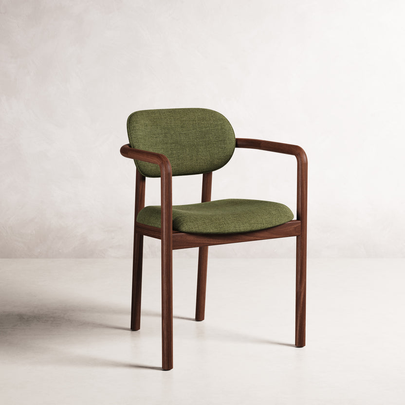 Lando Dining Chair - Solid American Walnut with Aloe Green Fabric | 360 View - Frame 1