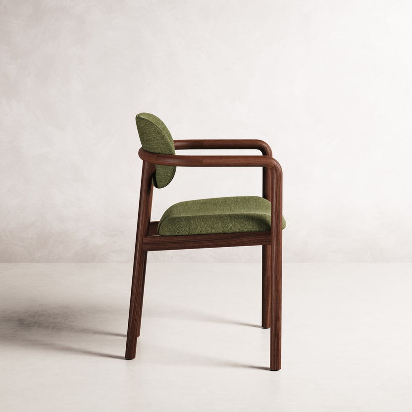 Lando Dining Chair - Solid American Walnut with Aloe Green Fabric | 360 View - Frame 7