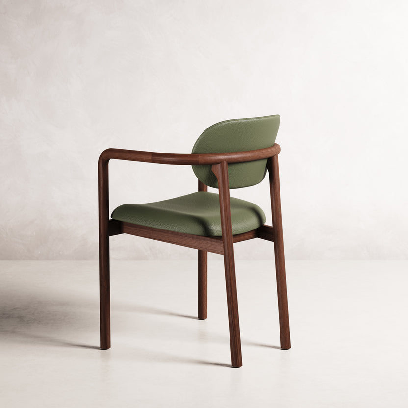 Lando Dining Chair - Solid American Walnut with Green Leather | 360 View - Frame 21