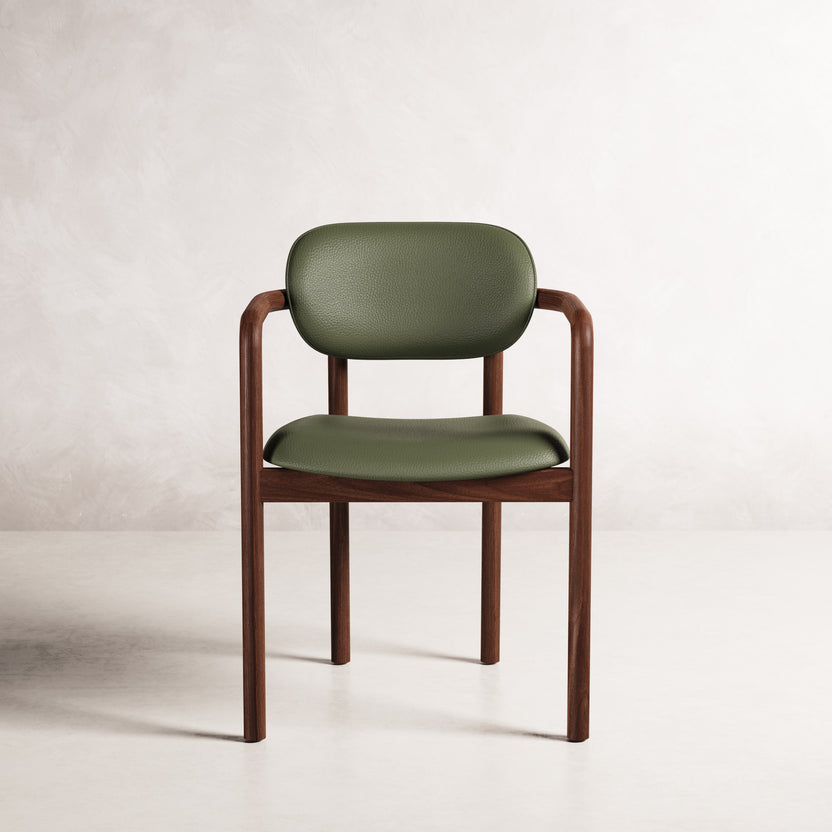 Lando Dining Chair - Solid American Walnut with Green Leather | 360 View - Frame 34