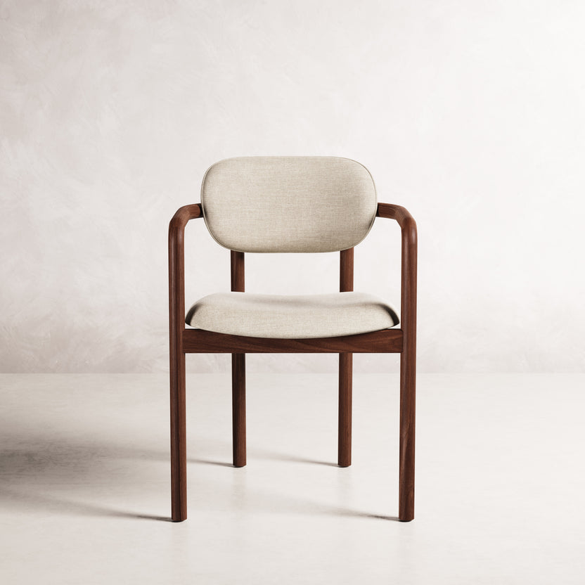 Lando Dining Chair - Solid American Walnut with Oatmeal Beige Fabric | 360 View - Frame 34