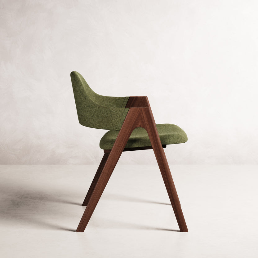 Nestor II Dining Chair - Solid American Walnut with Aloe Green Fabric | 360 View - Frame 7